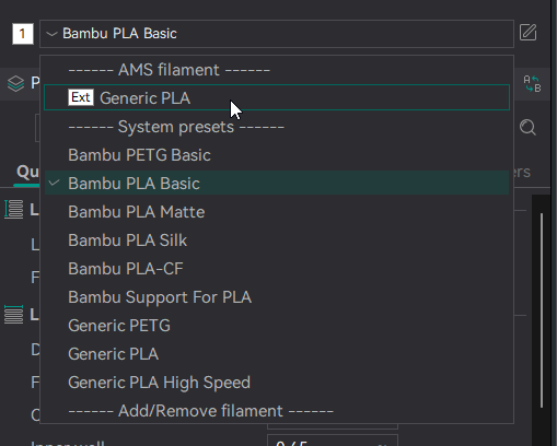 Menu filament